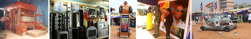 A progression of Safo’s products. From left to right, a block moulding machine, consumer electronics, the 3-in-1 robot, a security robot, a tank.